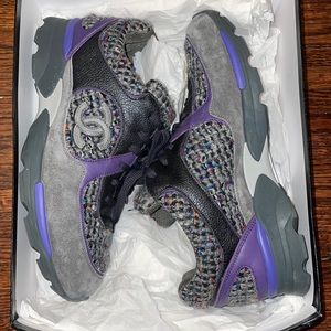 Chanel gray and purple tweed/leather sneakers .